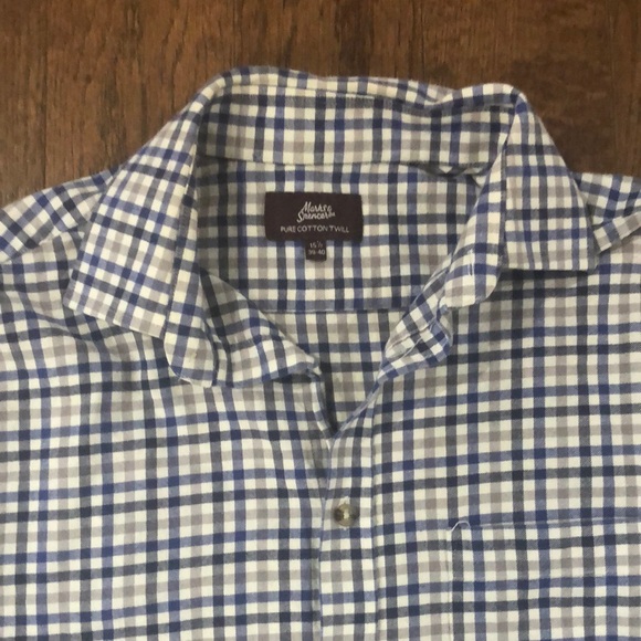 Marks & Spencer Men's Blue and White Plaid Shirt - Picture 2 of 4